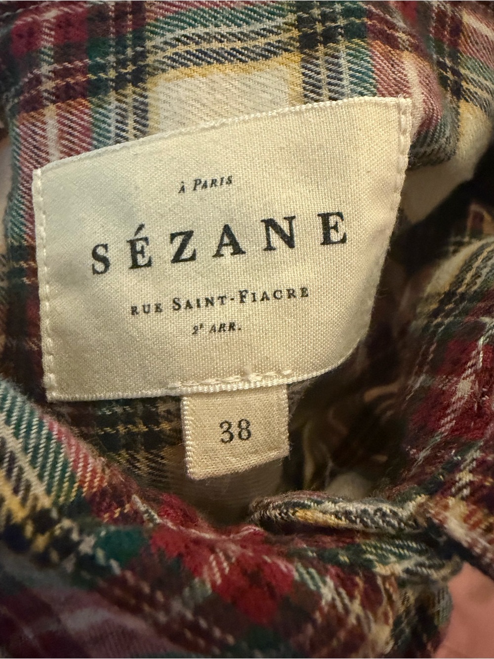 Sezane Plaid Button-Up Blouse in Beige, Red and Green - FR 38 / M - Picture 5 of 6